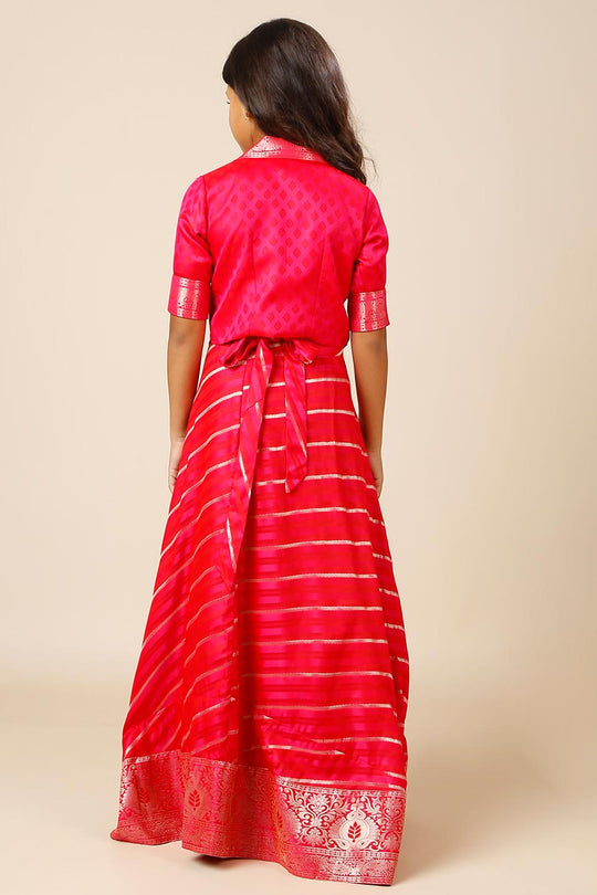 Zaira Pink Art Silk Leheriya Wrap Around Ethnic Saree Skirt For Kids & Tweens