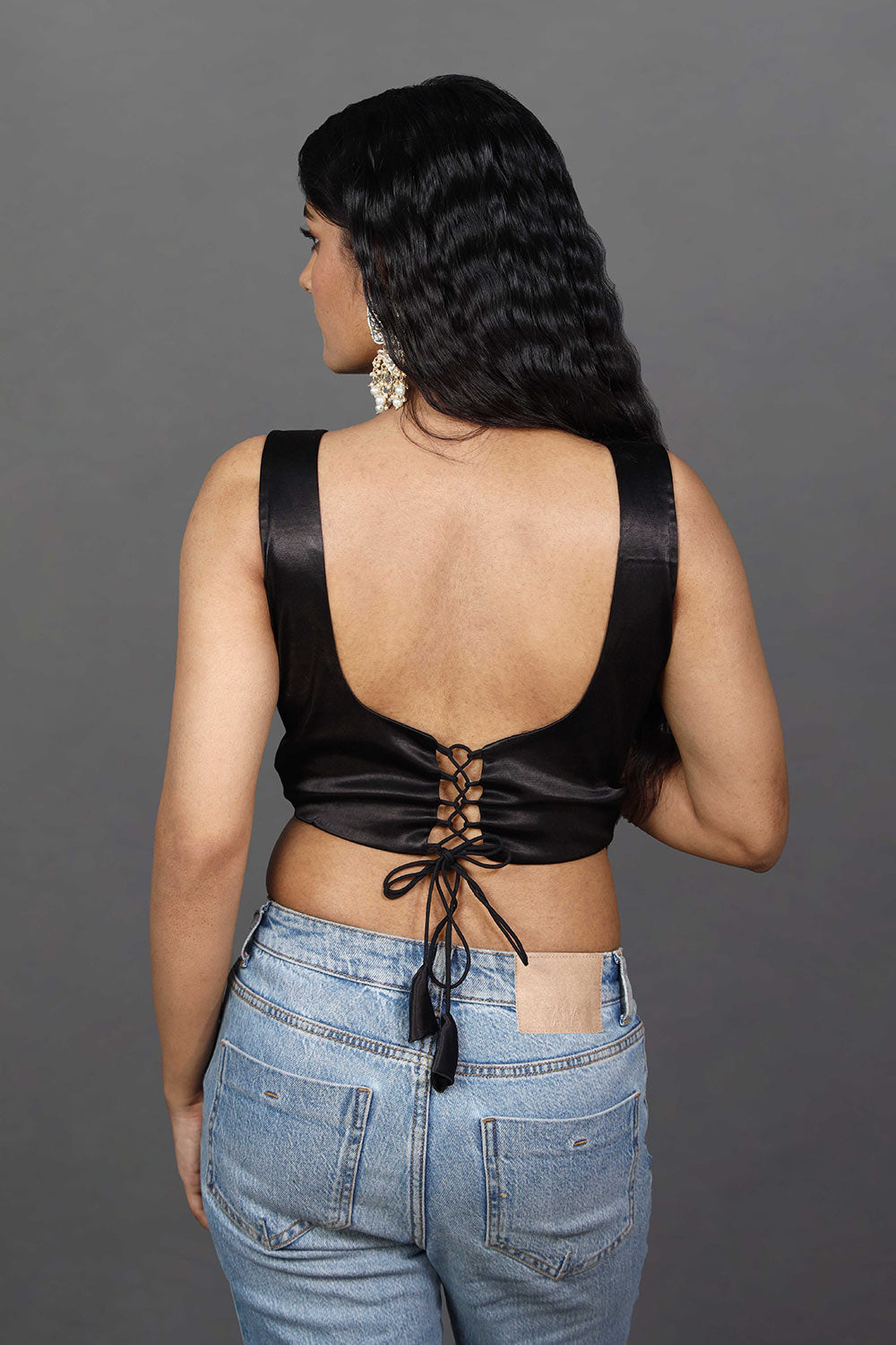 Buy Betty Black Satin Stretch Adjustable Size Sleeveless Blouse Online - Back