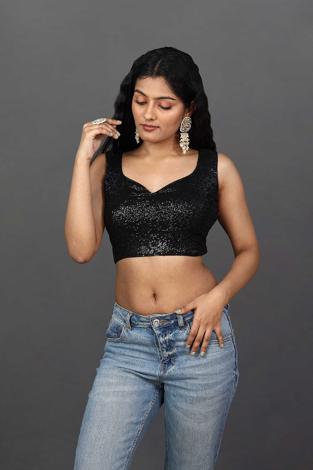 Shop Nadya Black Embroidered Sequin Sweetheart Neckline Blouse at best offer at our  Store - One Minute Saree