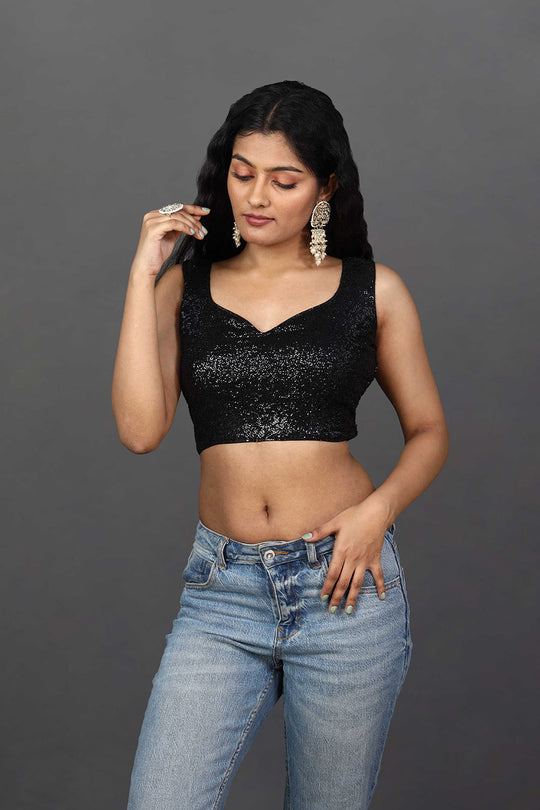 Shop Nadya Black Embroidered Sequin Sweetheart Neckline Blouse at best offer at our  Store - One Minute Saree