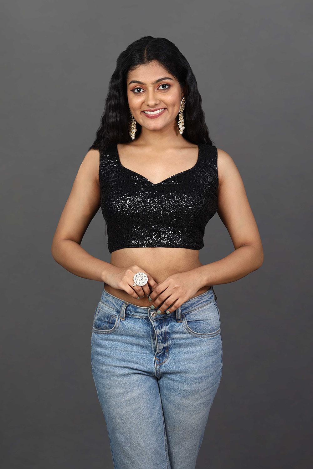 Buy Nadya Black Embroidered Sequin Sweetheart Neckline Blouse Online