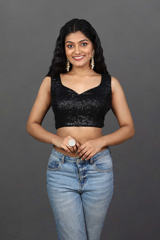 Buy Nadya Black Embroidered Sequin Sweetheart Neckline Blouse Online