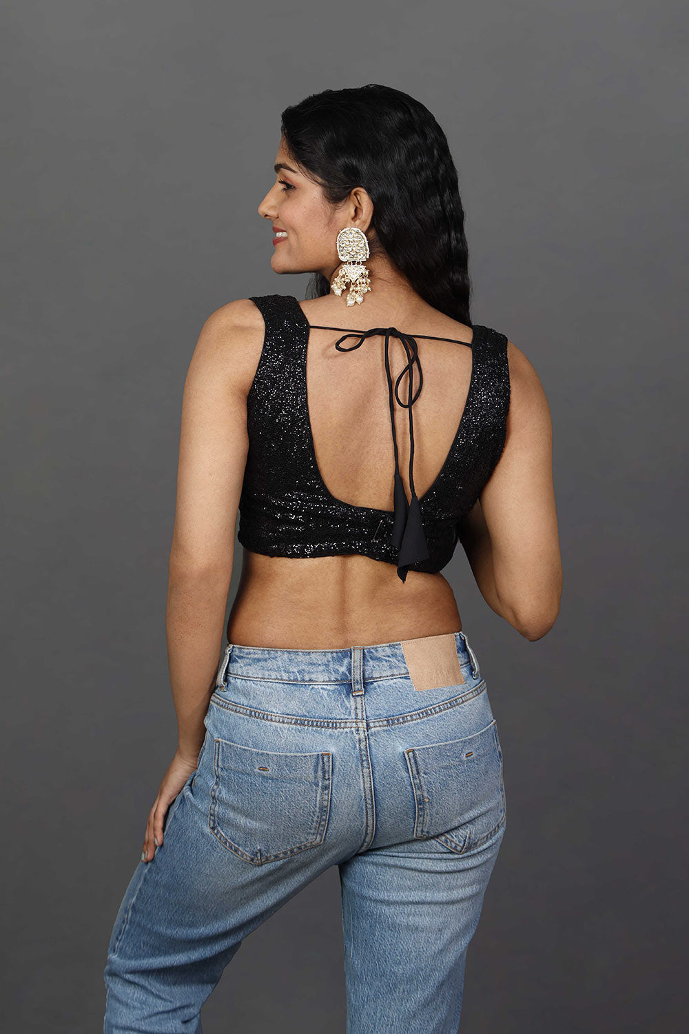 Buy Nadya Black Embroidered Sequin Sweetheart Neckline Blouse Online - Back