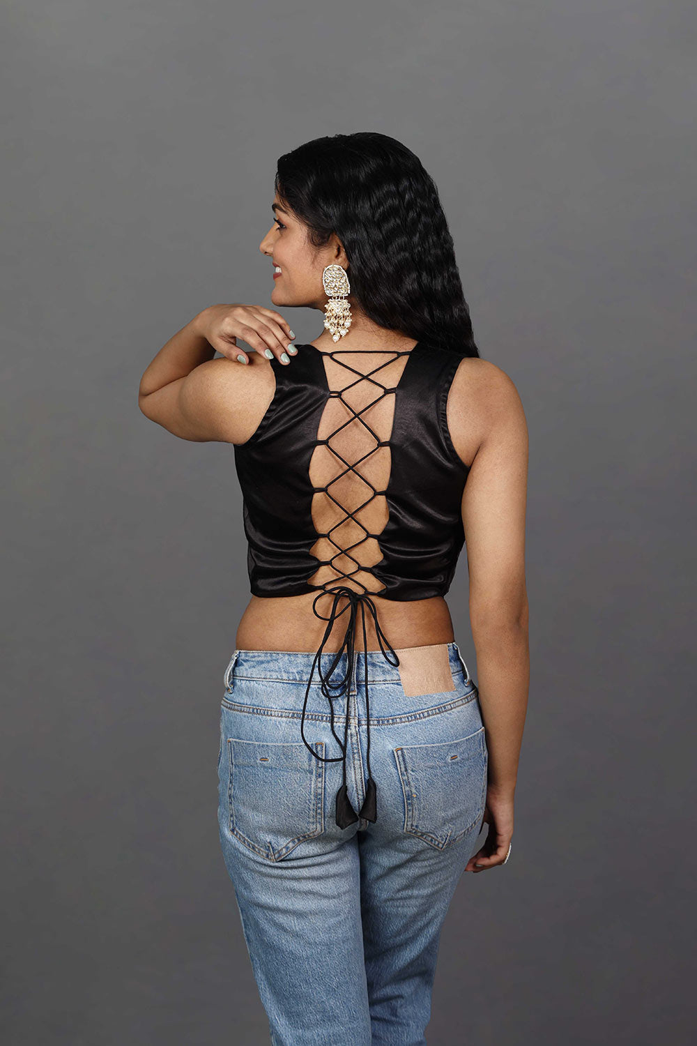 Buy Ananya Black Satin Stretch Square Neck Criss-Cross Back Adjustable Blouse Online