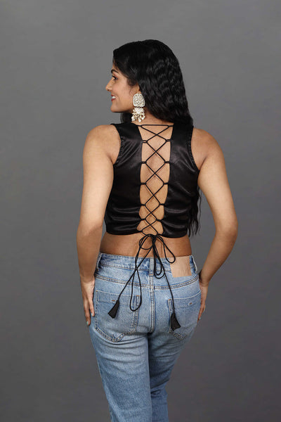 Buy Ananya Black Satin Stretch Square Neck Criss-Cross Back Adjustable Blouse Online - Back