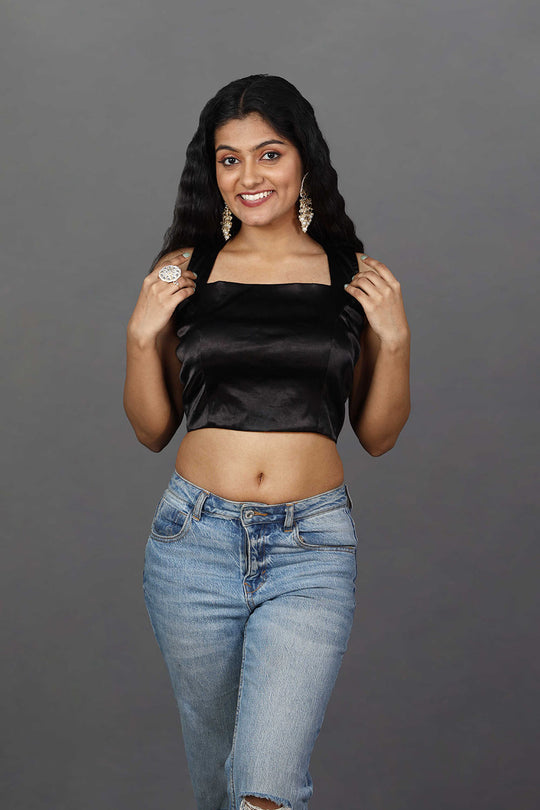 Shop Ananya Black Satin Stretch Square Neck Criss-Cross Back Adjustable Blouse at best offer at our  Store - One Minute Saree