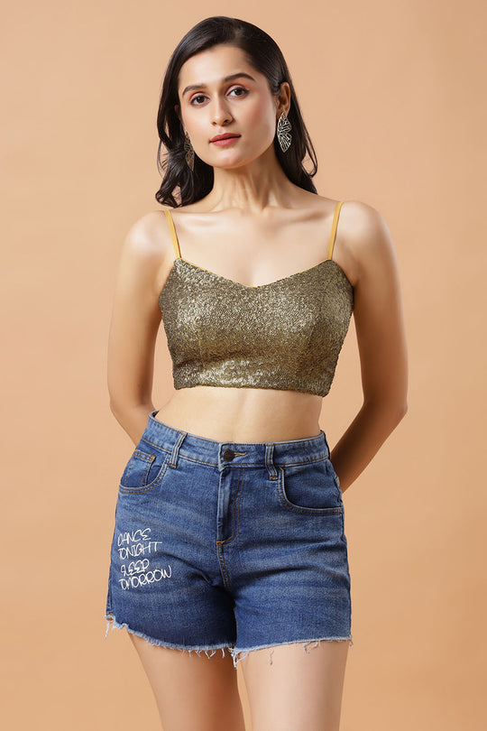 Meera Antique Gold Sequins Spaghetti Strap Tie-Back Blouse