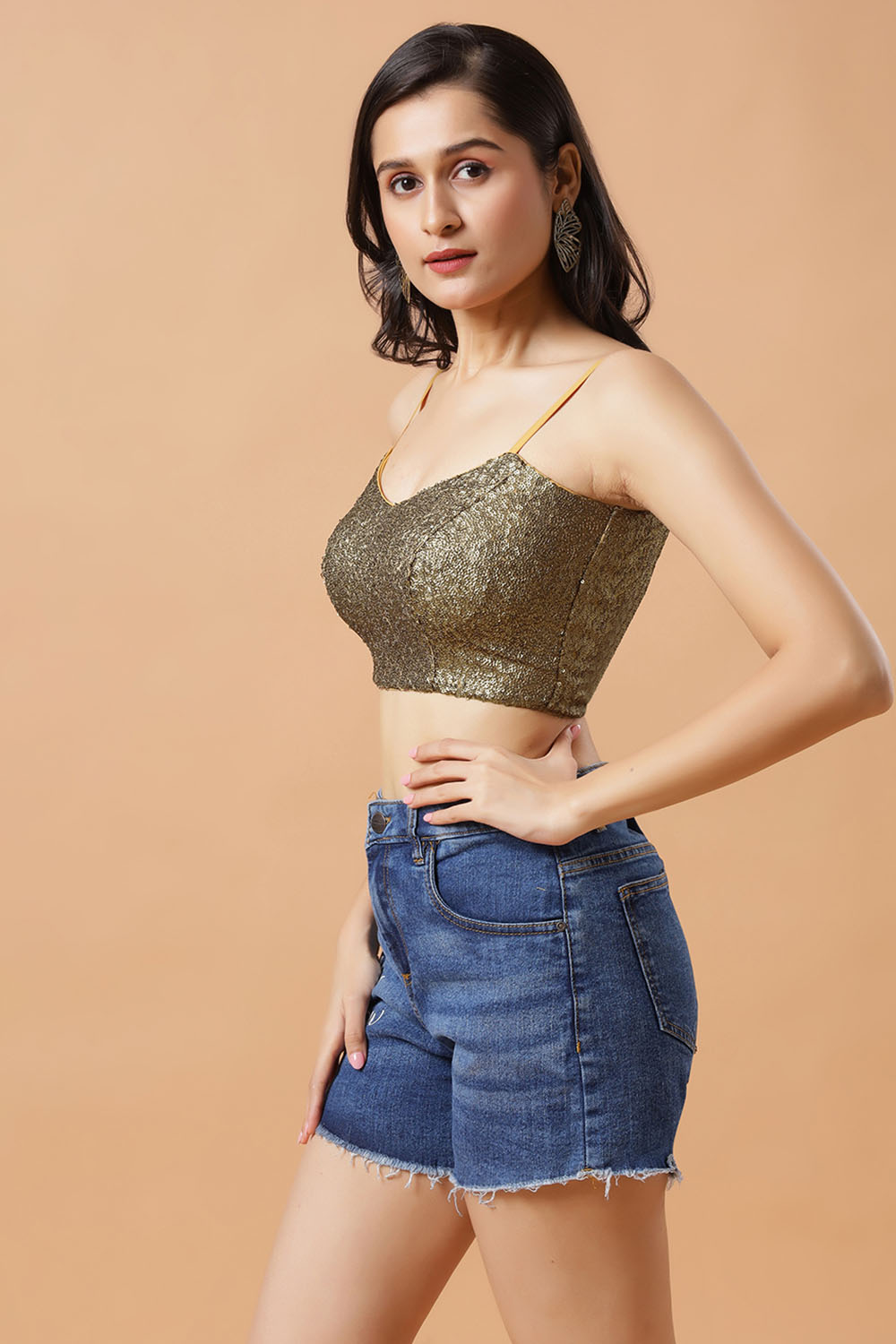 Meera Antique Gold Sequins Spaghetti Strap Tie-Back Blouse