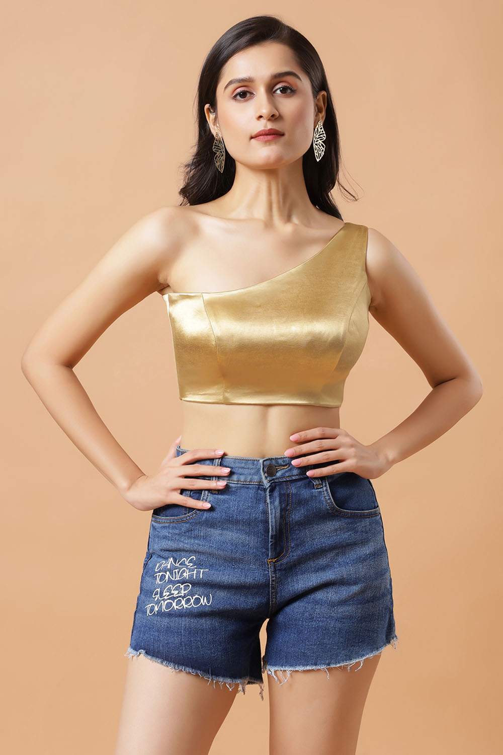 Giana Gold One Shoulder Satin Stretch Blouse