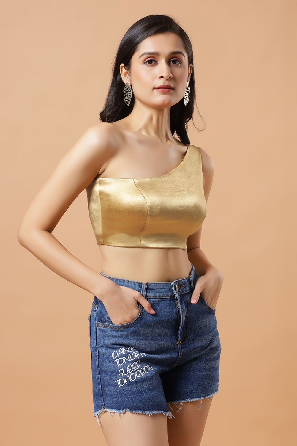 Giana Gold One Shoulder Satin Stretch Blouse