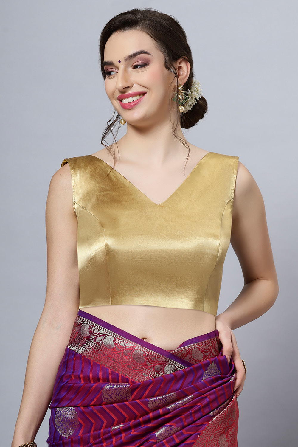Amiya Gold Satin Comfort Stretch V Neck Sleeveless Blouse