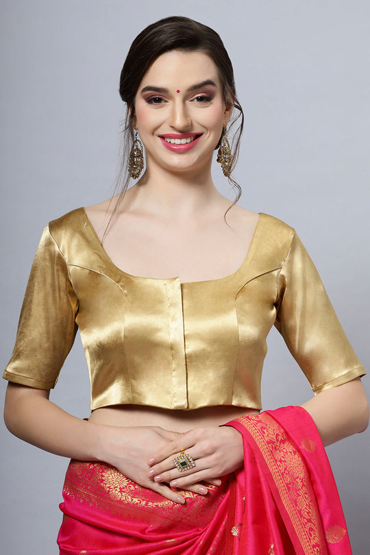 Lara Gold Satin Comfort Stretch Round Neck Half Sleeve Blouse (Front Closure)