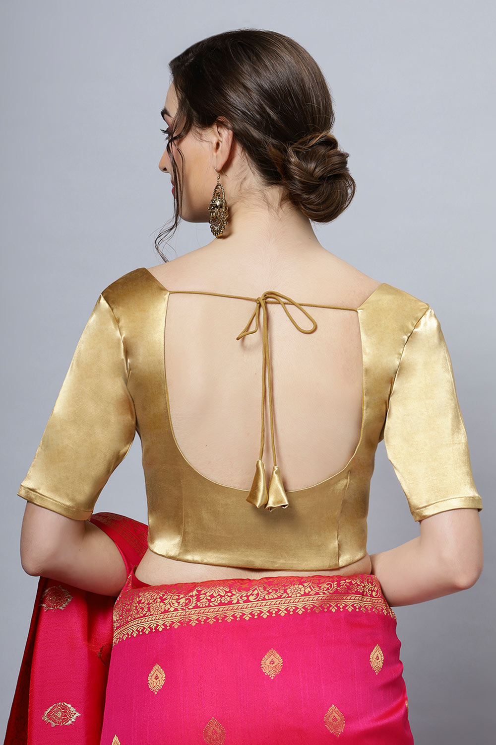 Lara Gold Satin Comfort Stretch Round Neck Half Sleeve Blouse (Front Closure)