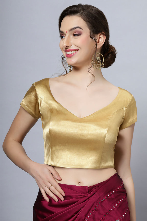 Mena Gold Satin Comfort Stretch Leaf Neck Short Sleeve Blouse