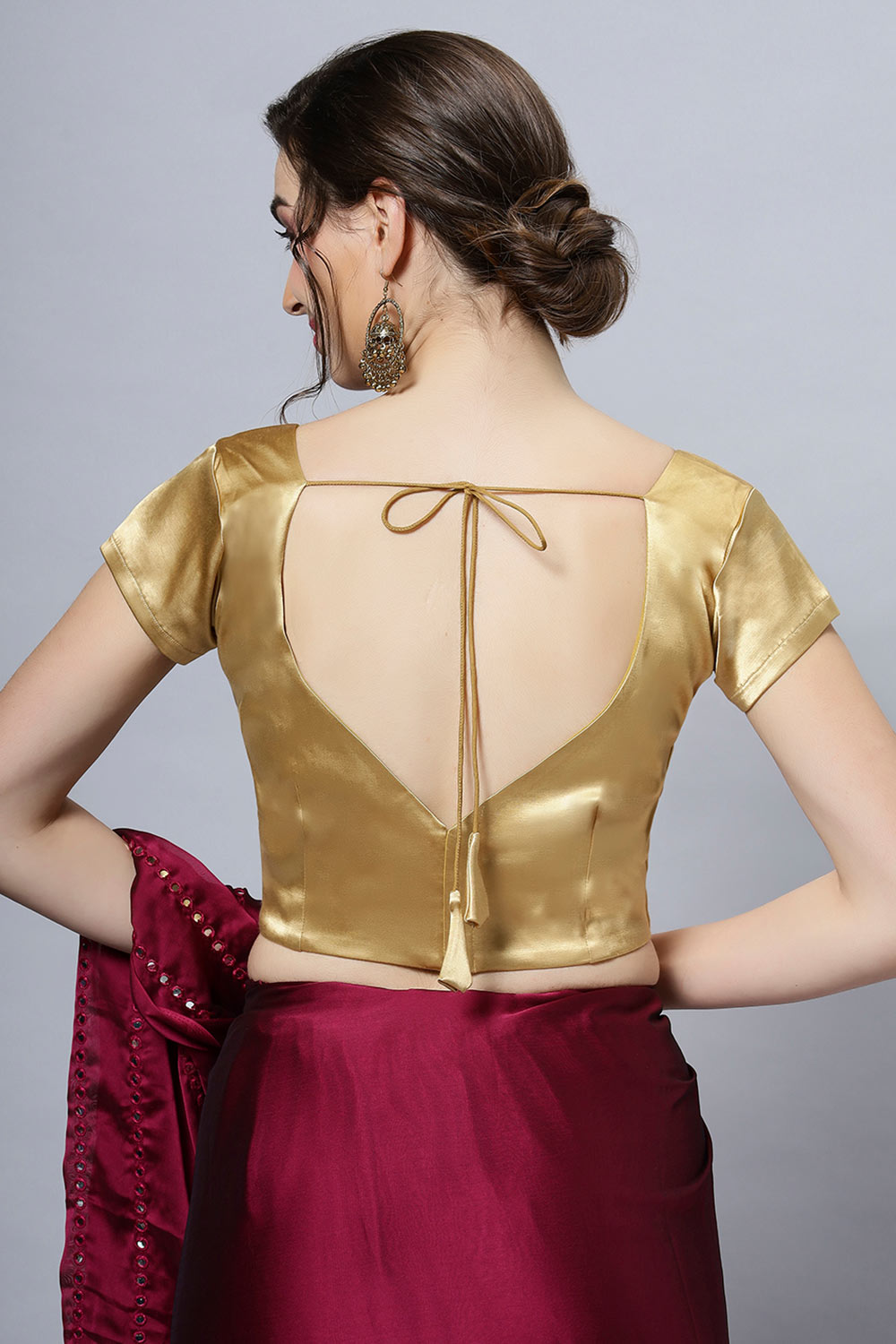 Mena Gold Satin Comfort Stretch Leaf Neck Short Sleeve Blouse