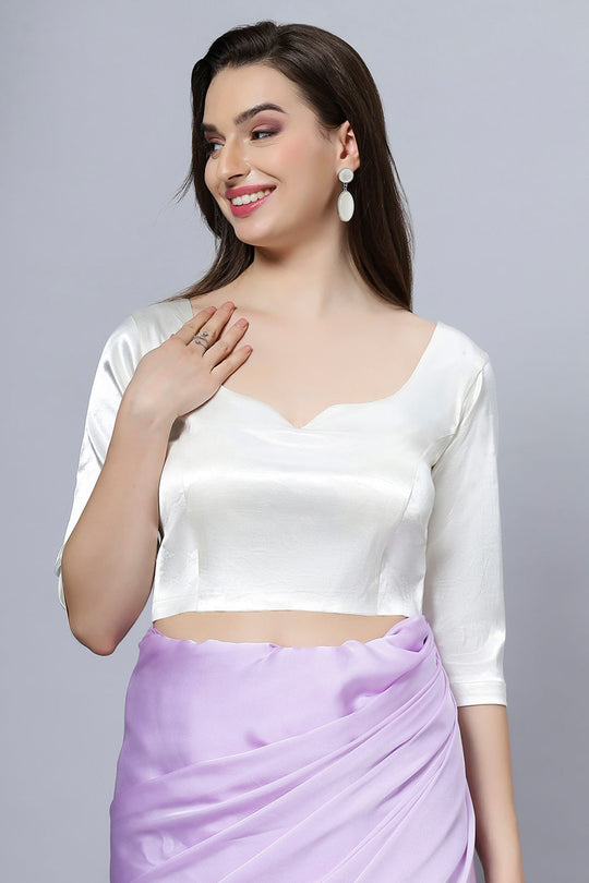 Tula Off-White Satin Comfort Stretch Sweetheart Neck Elbow Sleeve Blouse