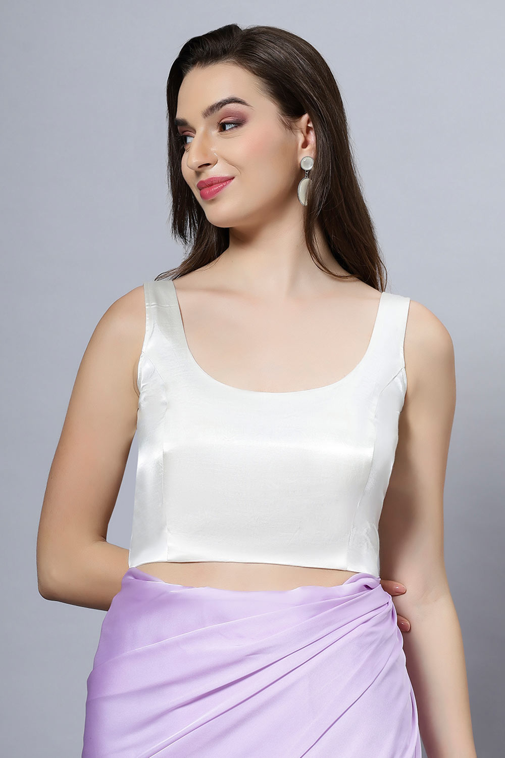 Reema Off-White Satin Comfort Stretch Deep U Adjustable Tie Back Blouse