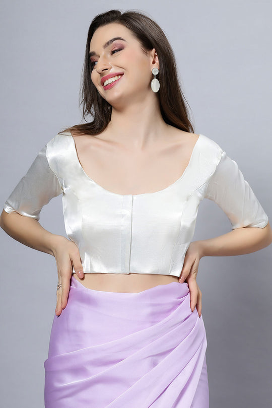 Lara Off-White Satin Comfort Stretch Round Neck Half Sleeve Blouse (Front Closure)