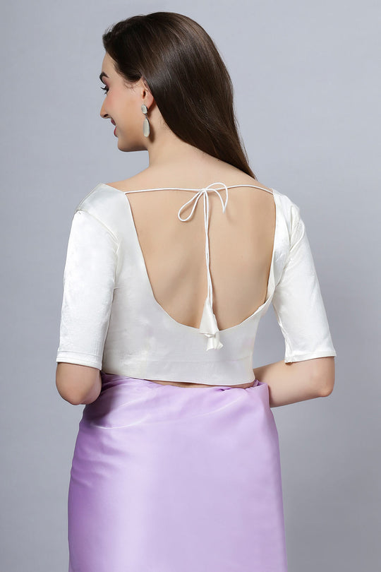 Lara Off-White Satin Comfort Stretch Round Neck Half Sleeve Blouse (Front Closure)