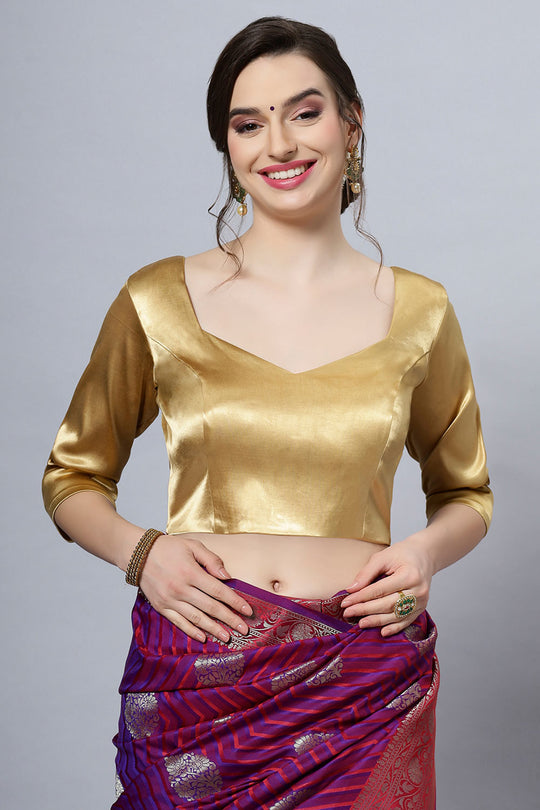 Deana Gold Satin Comfort Stretch Pentagon Neck Long Sleeve Crop Top Blouse