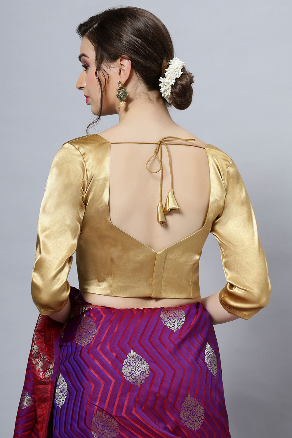 Deana Gold Satin Comfort Stretch Pentagon Neck Long Sleeve Crop Top Blouse