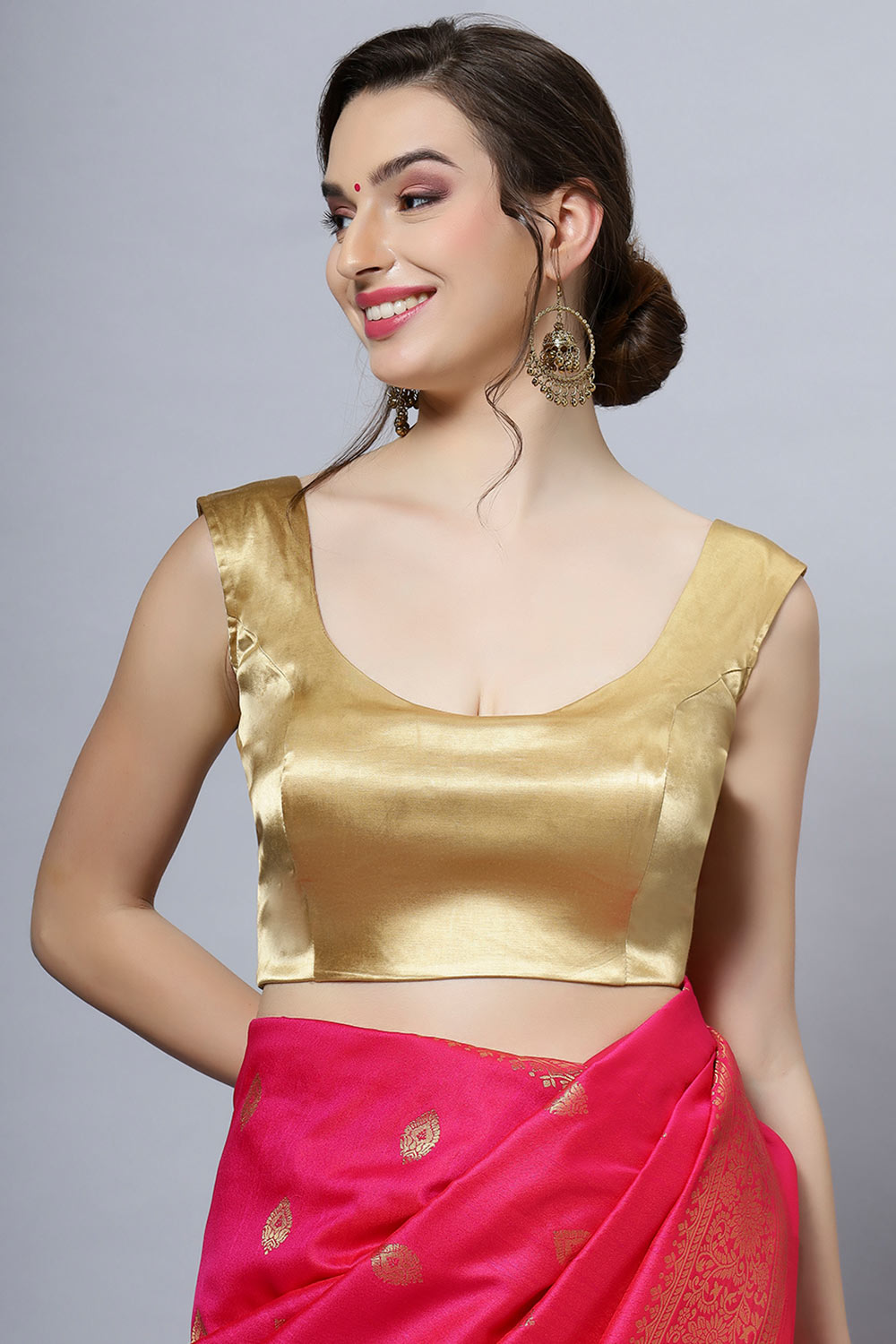 Nora Gold Satin Comfort Stretch Deep U Sleeveless Blouse