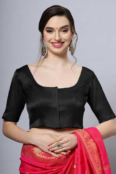 Lara Black Satin Comfort Stretch Round Neck Half Sleeve Blouse (Front Closure)