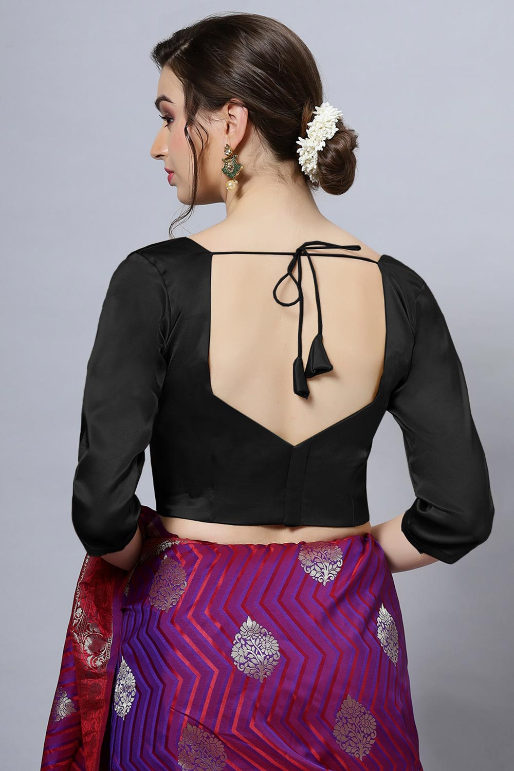 Deana Black Satin Comfort Stretch Pentagon Neck Long Sleeve Crop Top Blouse