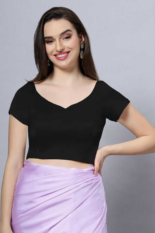 Ria Black Satin Comfort Stretch Crop Top Leaf Neck Short Sleeve Blouse