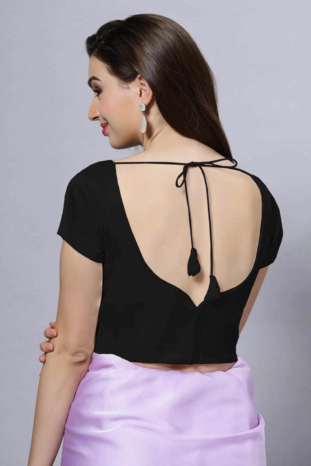 Ria Black Satin Comfort Stretch Crop Top Leaf Neck Short Sleeve Blouse