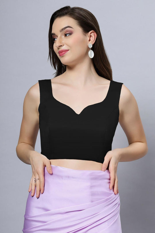 Sara Black Satin Comfort Stretch Sweetheart Sleeveless Crop Top Blouse