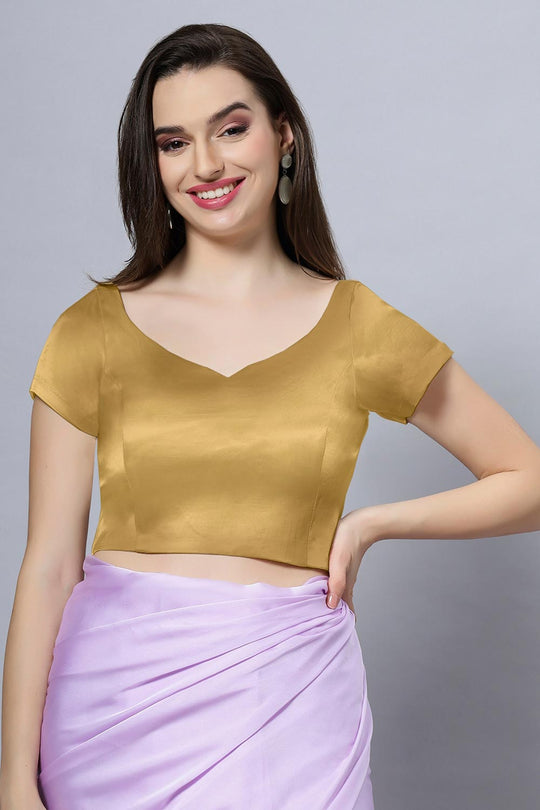 Ria Gold Satin Comfort Stretch Crop Top Leaf Neck Short Sleeve Blouse