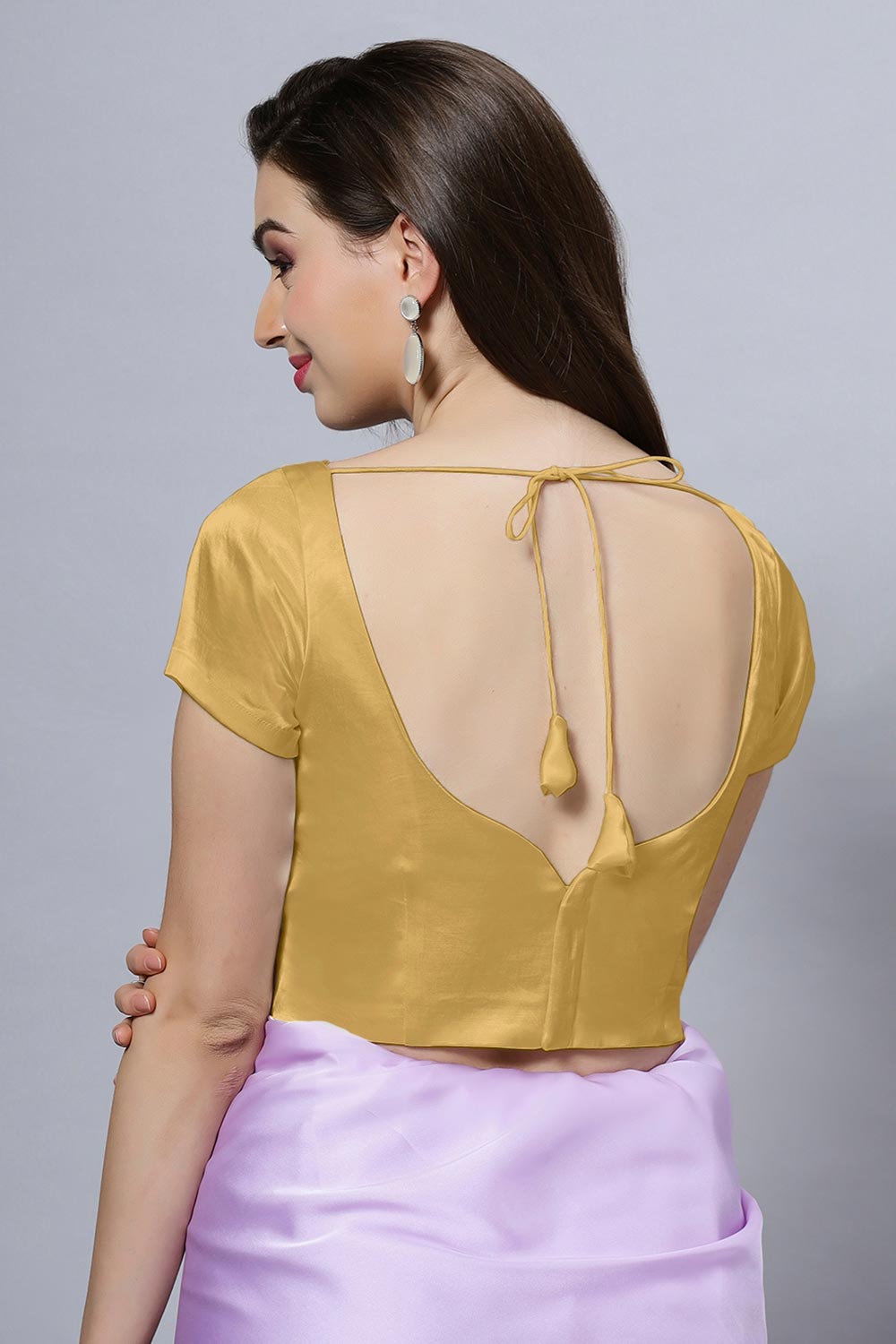 Ria Gold Satin Comfort Stretch Crop Top Leaf Neck Short Sleeve Blouse