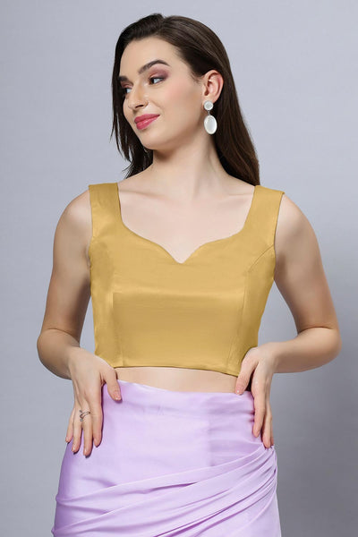 Sara Gold Satin Comfort Stretch Sweetheart Sleeveless Crop Top Blouse