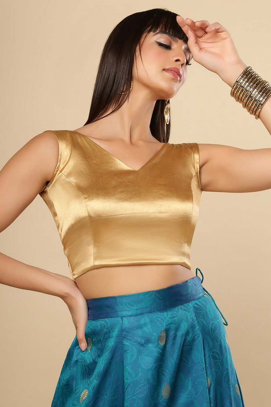 Amiya Gold Satin Comfort Stretch V Neck Sleeveless Blouse