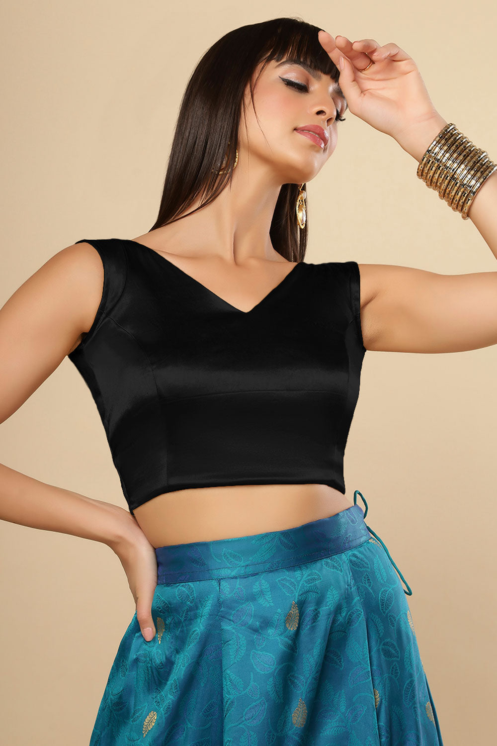 Amiya Black Satin Comfort Stretch V Neck Sleeveless Blouse
