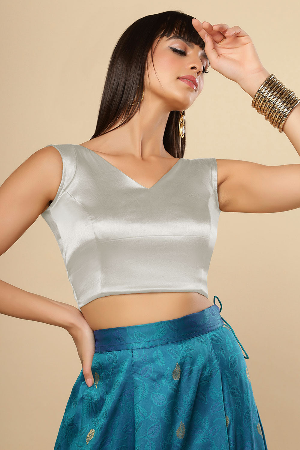 Amiya Silver Satin Comfort Stretch V Neck Sleeveless Blouse