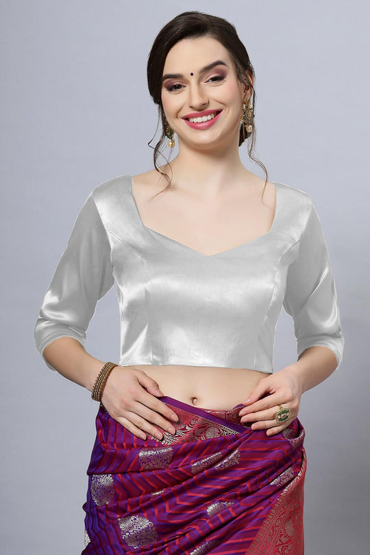 Deana Silver Satin Comfort Stretch Pentagon Neck Long Sleeve Crop Top Blouse