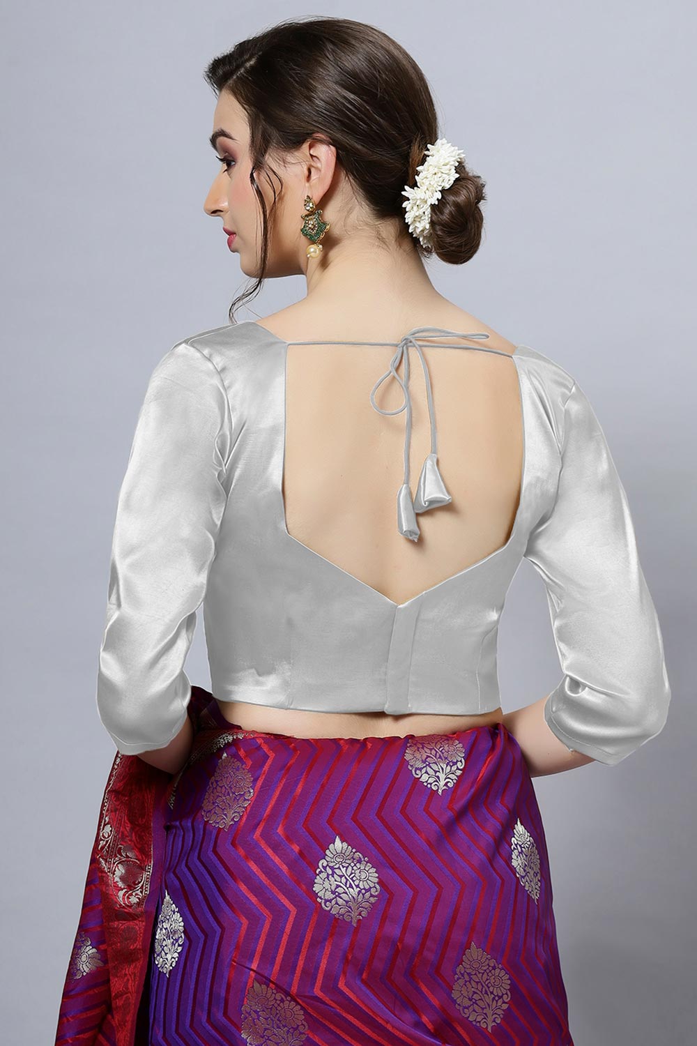 Deana Silver Satin Comfort Stretch Pentagon Neck Long Sleeve Crop Top Blouse