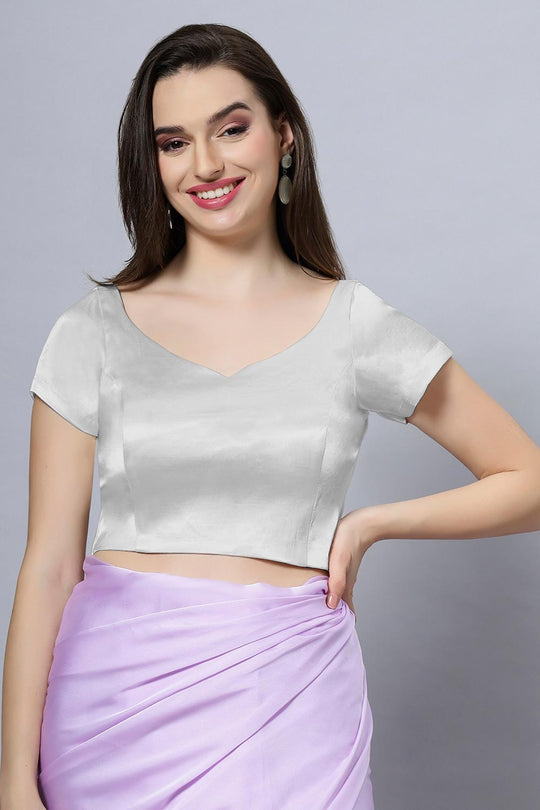 Ria Silver Satin Comfort Stretch Crop Top Leaf Neck Short Sleeve Blouse