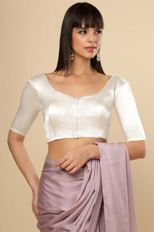 Lara Off-White Satin Comfort Stretch Round Neck Half Sleeve Blouse (Front Closure)