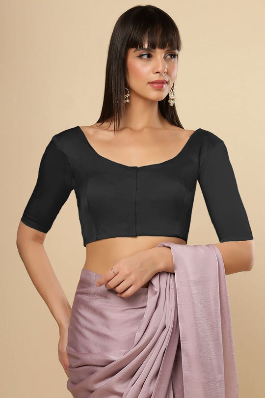 Lara Black Satin Comfort Stretch Round Neck Half Sleeve Blouse (Front Closure)