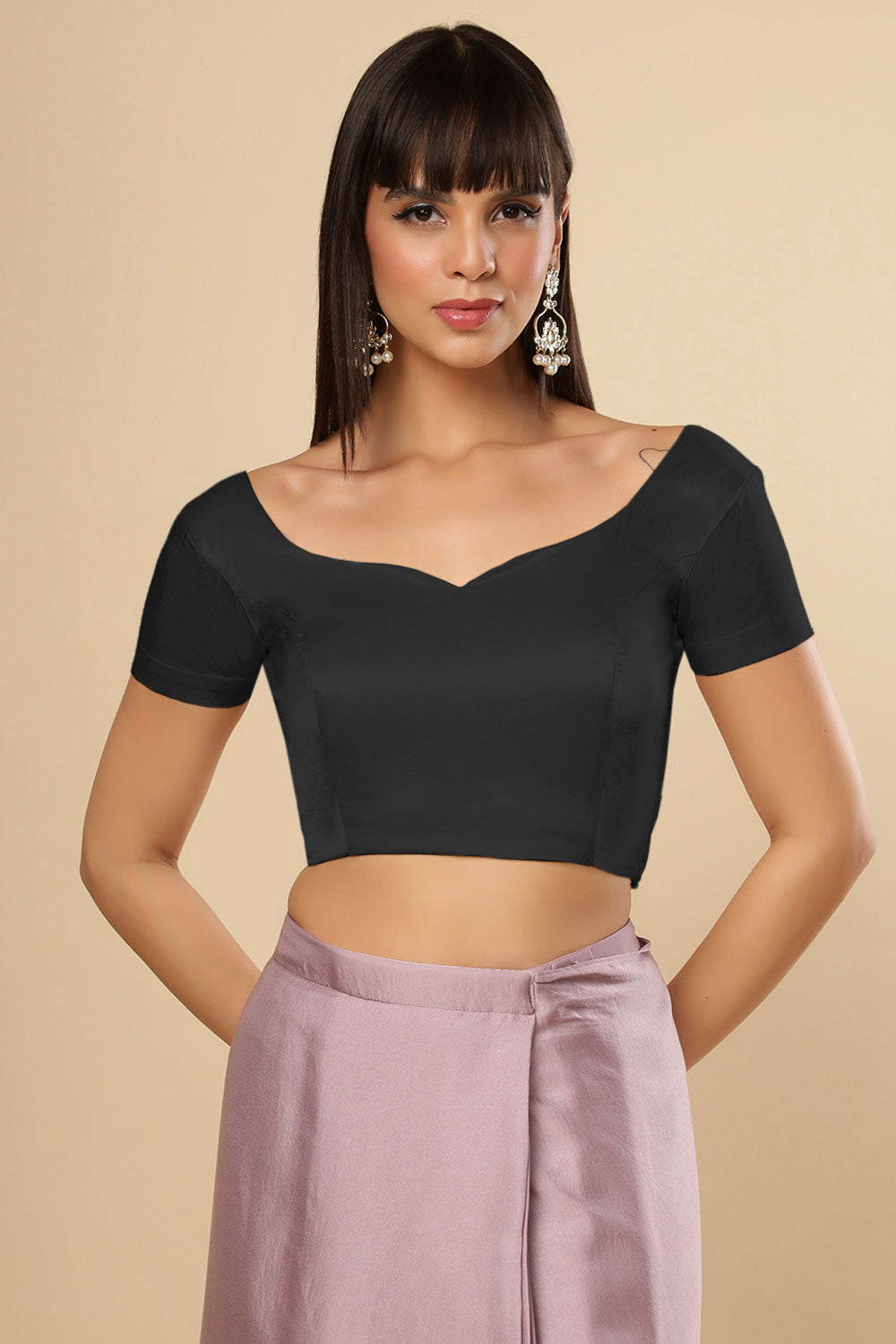 Deira Black Satin Comfort Stretch™ Sweetheart Neck Short Sleeves Saree Blouse