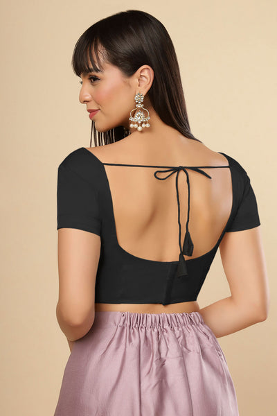 Deira Black Satin Comfort Stretch™ Sweetheart Neck Short Sleeves Saree Blouse