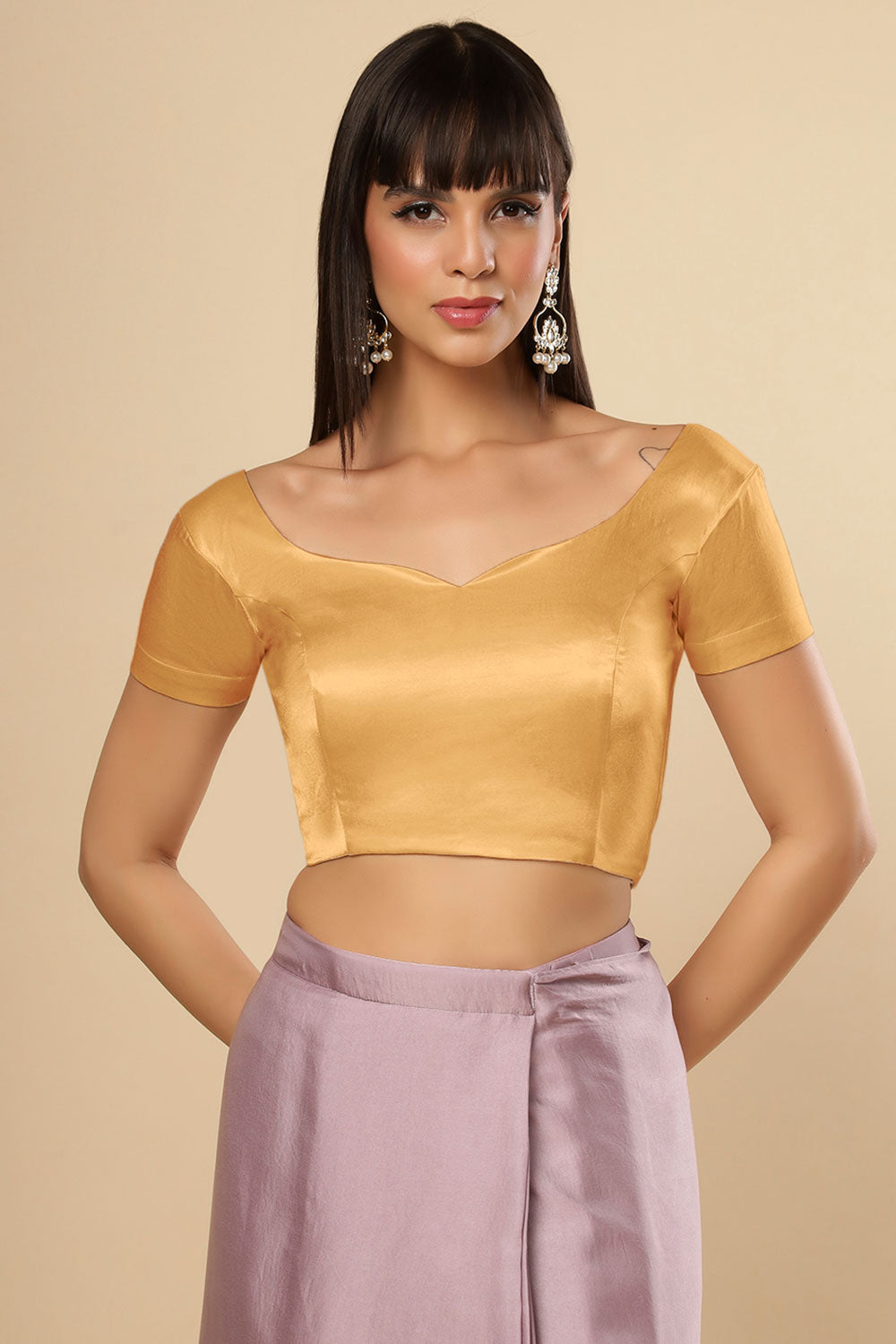 Deira Gold Satin Comfort Stretch™ Sweetheart Neck Short Sleeve Saree Blouse