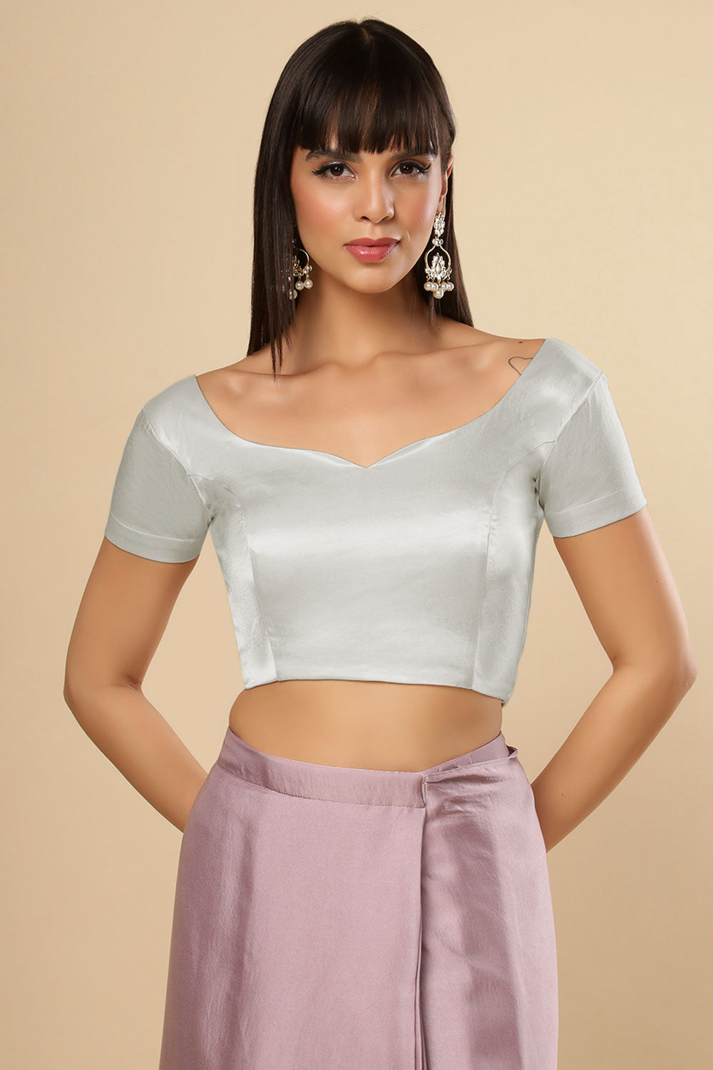 Deira Silver Sweetheart Neck Silver Satin Comfort Stretch™ Short Sleeve Saree Blouse