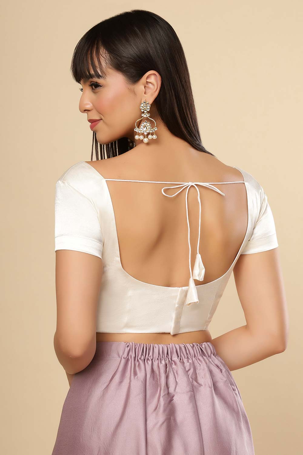 Deira Off-White Satin Comfort Stretch™ Sweetheart Neck Short Sleeve Saree Blouse