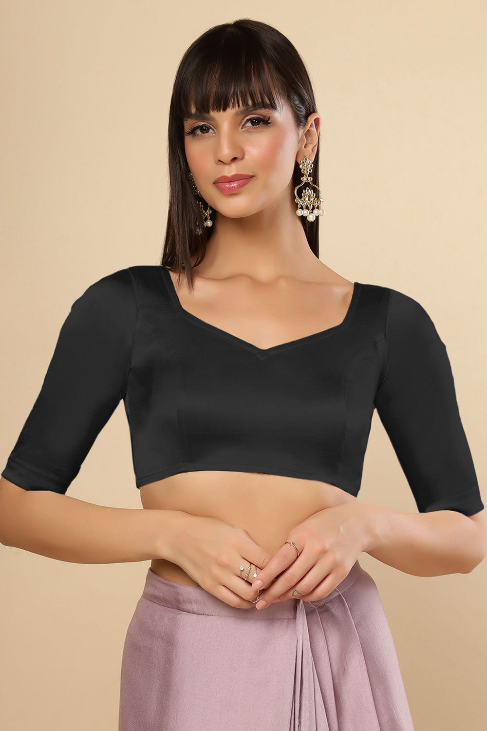 Jules Black Satin Comfort Stretch™ Pentagon Neck Half Sleeve Saree Blouse