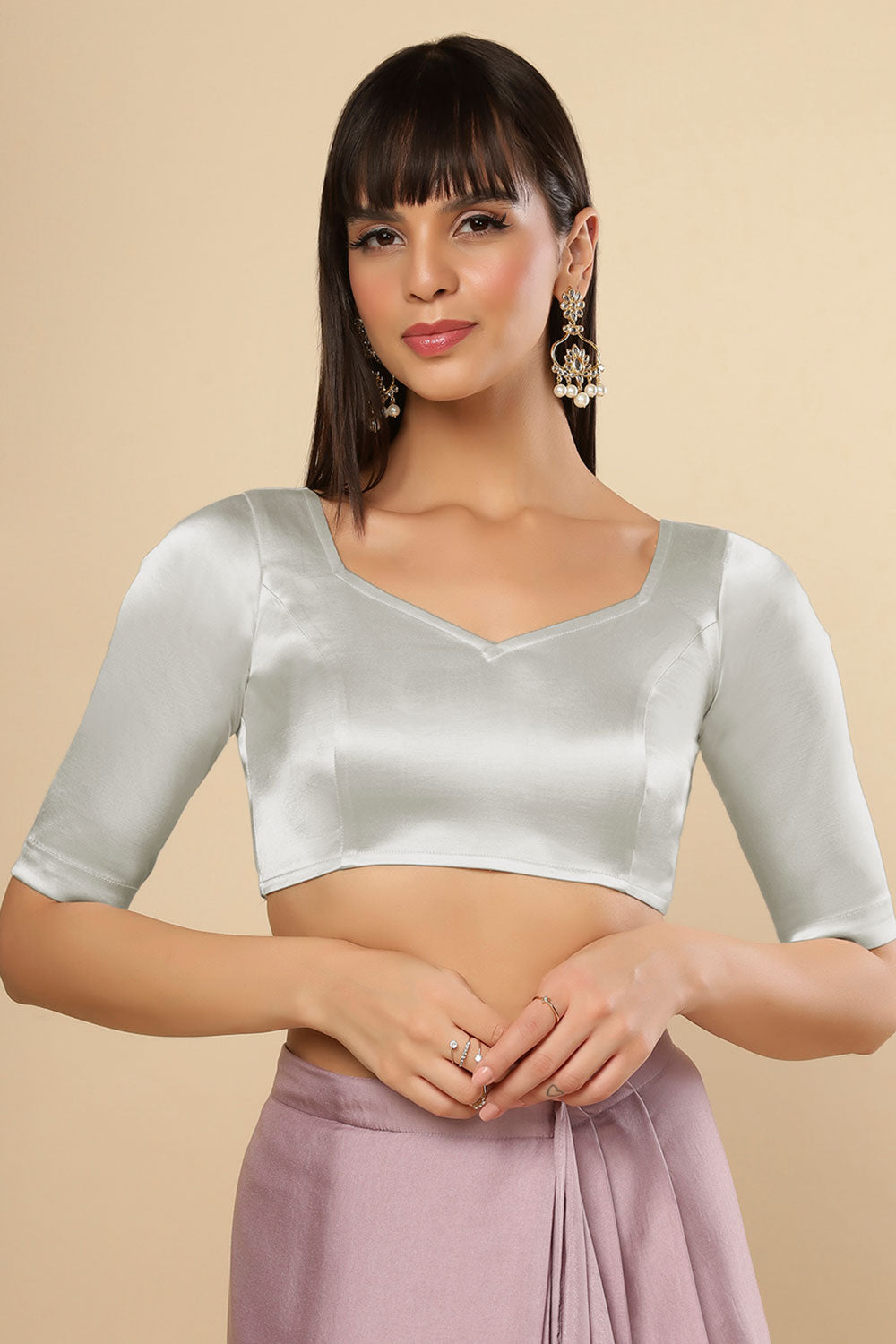 Jules Silver Satin Comfort Stretch™ Pentagon Neck Elbow Sleeve Saree Blouse