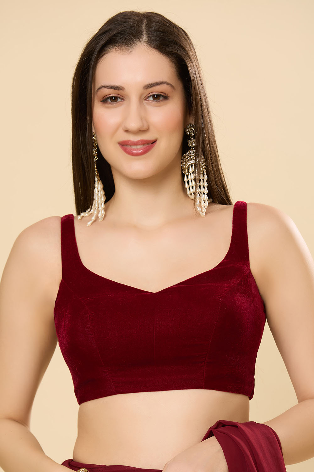 Misha Maroon Velvet Sweetheart Neck Sleeveless Blouse